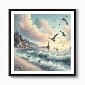 Seashore and seagulls 3 Art Print