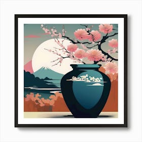 Flower Vase Decorated with Japanese Landscape, Blue, Orange and Pink Art Print