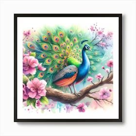 Peacock On A Branch Art Print