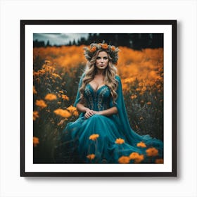 Beautiful Woman In A Field Of Flowers Art Print
