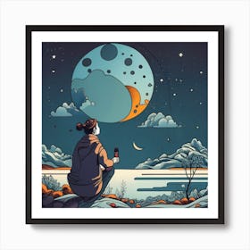 Girl Looking At The Moon Art Print