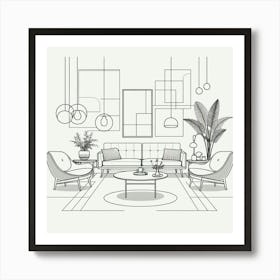 Minimalist Line Art Of Mid Century Furniture Pieces Arranged In A Stylish Living Room Setting, Style Line Drawing 3 Art Print