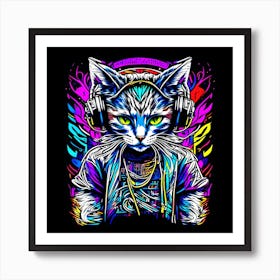 Cat With Headphones Art Print