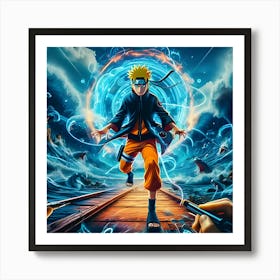 An Eye Catching Anime Style Digital Painting Featuring Naruto Unleashing Rasengan Set Against The Background Of Hidden Under The Sea And Visual Effects Like Explosions 4 Art Print