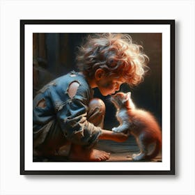 Boy Kissing A Kitten Art Print