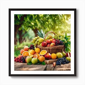 Fruit Basket On Wooden Table Art Print