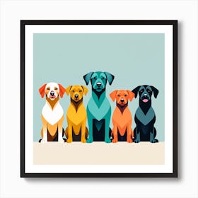 Five Dogs In A Row, colorful dog illustration, dog portrait, animal illustration, digital art, pet art, dog artwork, dog drawing, dog painting, dog wallpaper, dog background, dog lover gift, dog décor, dog poster, dog print, pet, dog, vector art, dog art, dogs Art Print