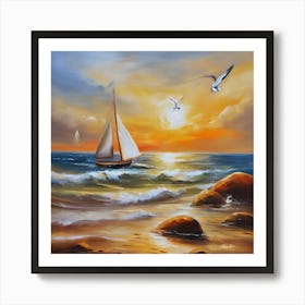 Oil painting design on canvas. Sandy beach rocks. Waves. Sailboat. Seagulls. The sun before sunset.13 Art Print