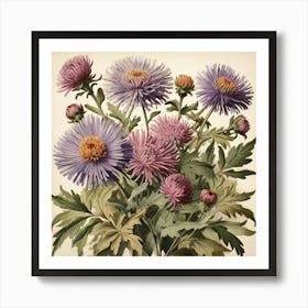 Asters Wildflower Vintage Botanical Art Print 3 Art Print