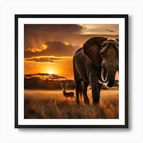 Sunset Elephant And Deer Art Print