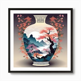 Flower Vase Decorated with Chinese, Turquoise, Coral, White and Pink Landscape Art Print