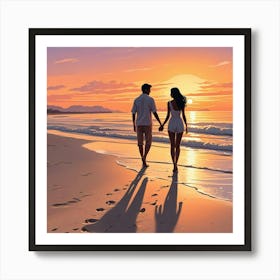 Ocean Sunset Beach With Couple Art Print (6) Art Print