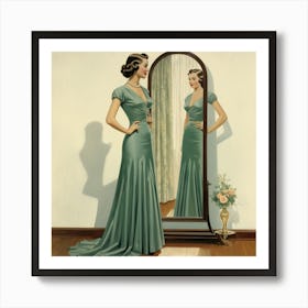 Woman In A Dress Looking In The Mirror Art Print