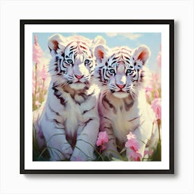 Snow White Tigser Cubs Gazing Into The Camera Pale Blue Eyes Vivid Nestled In Mint Green And Blush pink Art Print