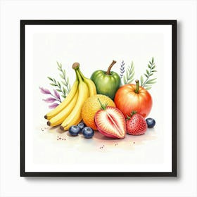 Beautiful Watercolor Composition Of Assorted Fruits And Vegetables With Elegance 1 Art Print