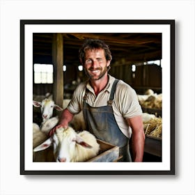 Sheep Farmer In A Barn Art Print