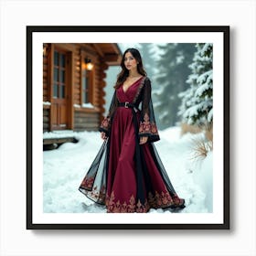 Woman In A Burgundy Dress In The Snow Art Print