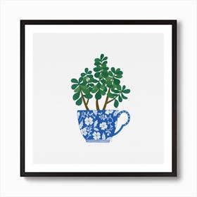 Jade Houseplant Blue Tea Cup Painting Art Print