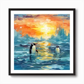 Penguins At Sunset 5 Art Print