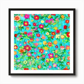 Flowers On A Blue Background Art Print