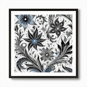 Batik, Black And White Floral Pattern 1 Art Print