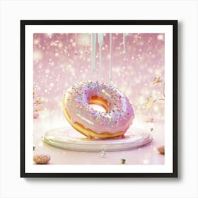 Whimsical 3d Illustration Glazed Porcelain Donut Floating Shimmering Gold Sprinkles Pastel Hues Art Print