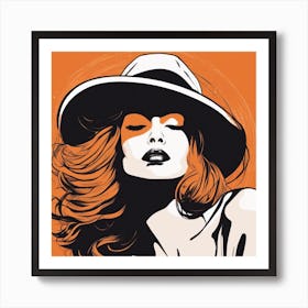 A Silhouette Of A Woman Wearing A Black Hat And Laying On Her Back On A Orange Screen, In The Style (5) Art Print