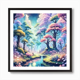A Fantasy Forest With Twinkling Stars In Pastel Tone Square Composition 433 Art Print