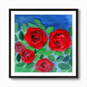 Rose Garden - square red green blue flower floral Art Print