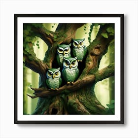 Owls Nesting In An Ancient Oak Tree 1 Art Print