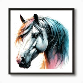 White Horse Head With Creative Color Accents Drawing Art Print