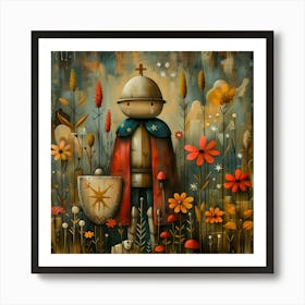 Knight In The Field, Naïf, Whimsical, Folk, Minimalistic Art Print