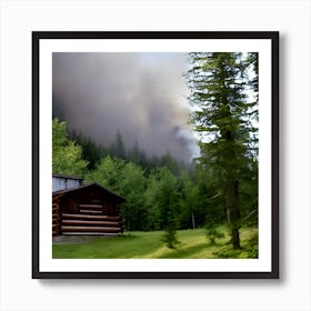 A Cabin At The Bottom Of A Mountain Smoke Rising From The Chimney Amidst Large Green Spaces (1) Art Print