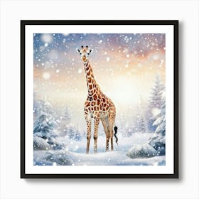 Giraffe Covered In A Dusting Of Snow Standing Tall In A Winter Wonderland Snowflakes Gently Fallin Art Print