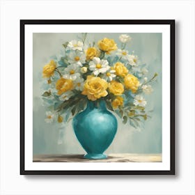 Yellow Roses In A Blue Vase Art Print