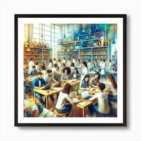 Collaboration And Innovation Wall Print Art A Dynamic Scene Of University Students Working Together, Perfect For Promoting Teamwork And Creativity In Any University Setting Art Print