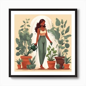 Girl Watering Plants Art Print