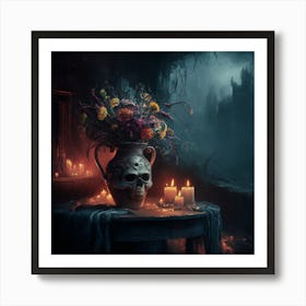 Dark Fantasy Skull Vase and Flowers on rustic table with candles Art Print