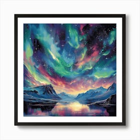 Lake Aurora Borealis Nature Landscape Moutains Stars Scenic Northern Lights Painting Digital Art Painting Art Print