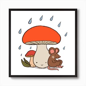Mouse And Mushrooms On A Rainy Day Art Print