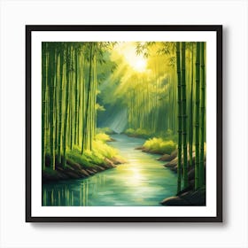 A Stream In A Bamboo Forest At Sun Rise Square Composition 53 Art Print