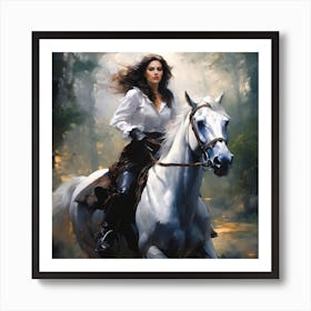 Woman Riding A White Horse Art Print