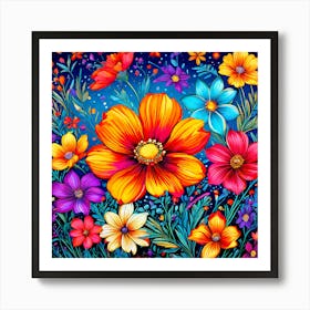 Colorful Flowers, A Vibrant Pattern Bursting With Colorful Flowers Perfect For Those Who Love Nature 2 Art Print