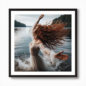 Red Haired Woman In Water Art Print