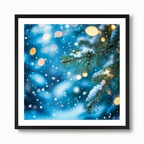 A Christmas Tree Branch Gleaming With Delicate Snowflakes In The Foreground A Merry Banner With Glo Art Print