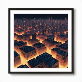 Illustration Of A City Skyline At Night Buildings Made Of Octagonal Fractal Patternneon Vibrant 682293568 Art Print