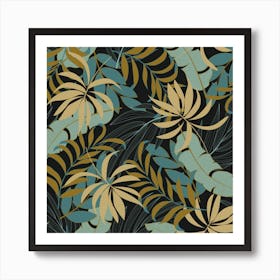 Fashionable Seamless Tropical Pattern With Bright Red Blue Plants Leaves Art Print