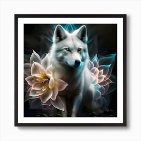 White Wolf With Lotus Flower Art Print