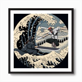 Chainsaw Man Vs Katana Man The Fight Great Wave 1 Art Print