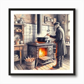 Old Man Cooking In The Kitchen Art Print